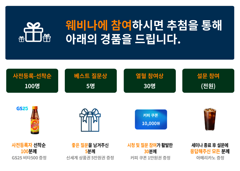 선착순 이벤트 (100명): 사전등록자 선착순 100분께 GS25 비타500 증정,베스트 질문상 (5명): 좋은 질문을 남겨주신 5분께 신세계 상품권(5만원권) 증정<br>
			,열혈 참여상 (30명): 시청 및 질문 참여가 활발한 30분께 커피 쿠폰(1만원권) 증정,설문 참여 (전원): 세미나 종료 후 설문에 응답해주신 모든 분께 스타벅스 아메리카노(T) 증정