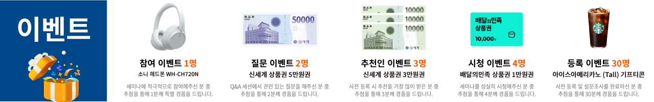참여 이벤트 (1명) : 소니 헤드폰 WH-CH720N,질문 이벤트 (2명) : 신세계 상품권 5만원권
									,추천인 이벤트 (3명) : 신세계 상품권 3만원권,시청 이벤트 (4명) : 배달의민족 상품권 1만원권,등록 이벤트 (30명) : 아이스아메리카노 (Tall) 기프티콘